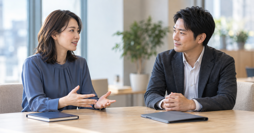 会議用のテーブルで、落ち着いて話す女性と耳を傾ける男性を描いた生成イメージ