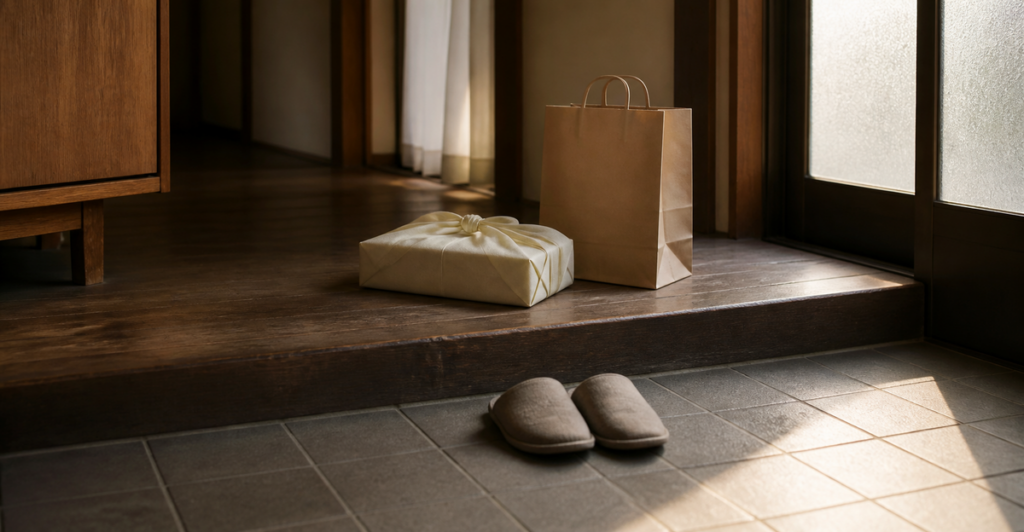 日本の玄関の上がり框に置かれた風呂敷包みの手土産と無地の紙袋、揃えられたスリッパの写真