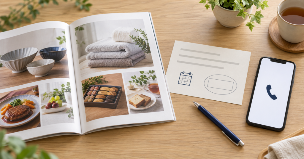 商品写真のあるカタログと、カレンダーの記号を描いたカード、電話アイコンを表示したスマートフォンの生成イメージ