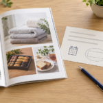商品写真のあるカタログと、カレンダーの記号を描いたカード、電話アイコンを表示したスマートフォンの生成イメージ